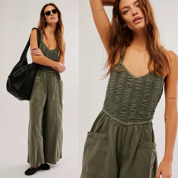 Free People Forever & Always Ruched Wide Leg Jumpsuit Dried Basil - Picture 1 of 9